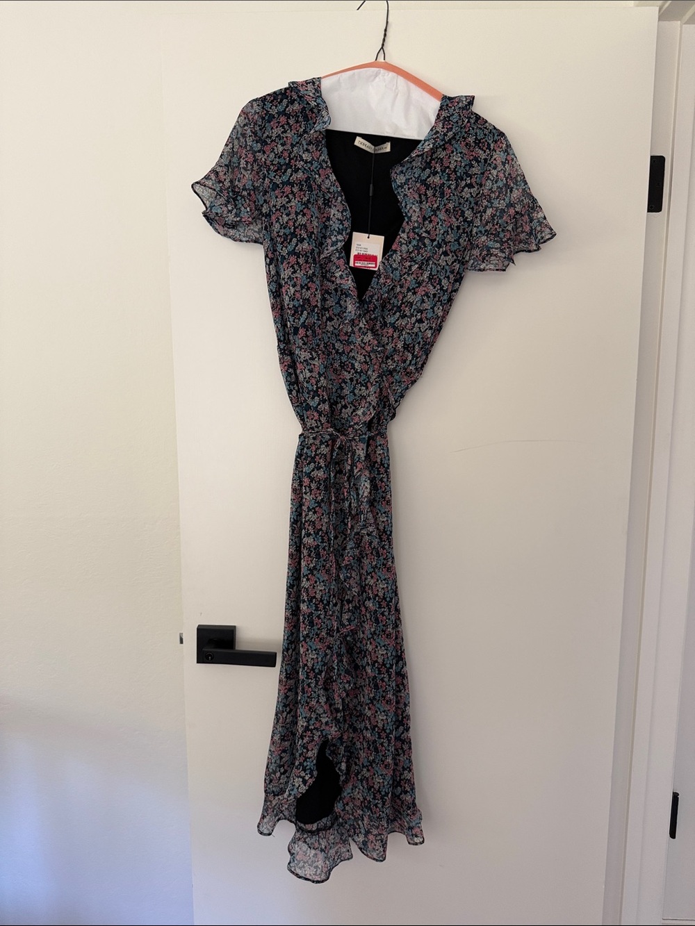 Floral Flutter-Sleeve Maxi Dress in Black and Pink